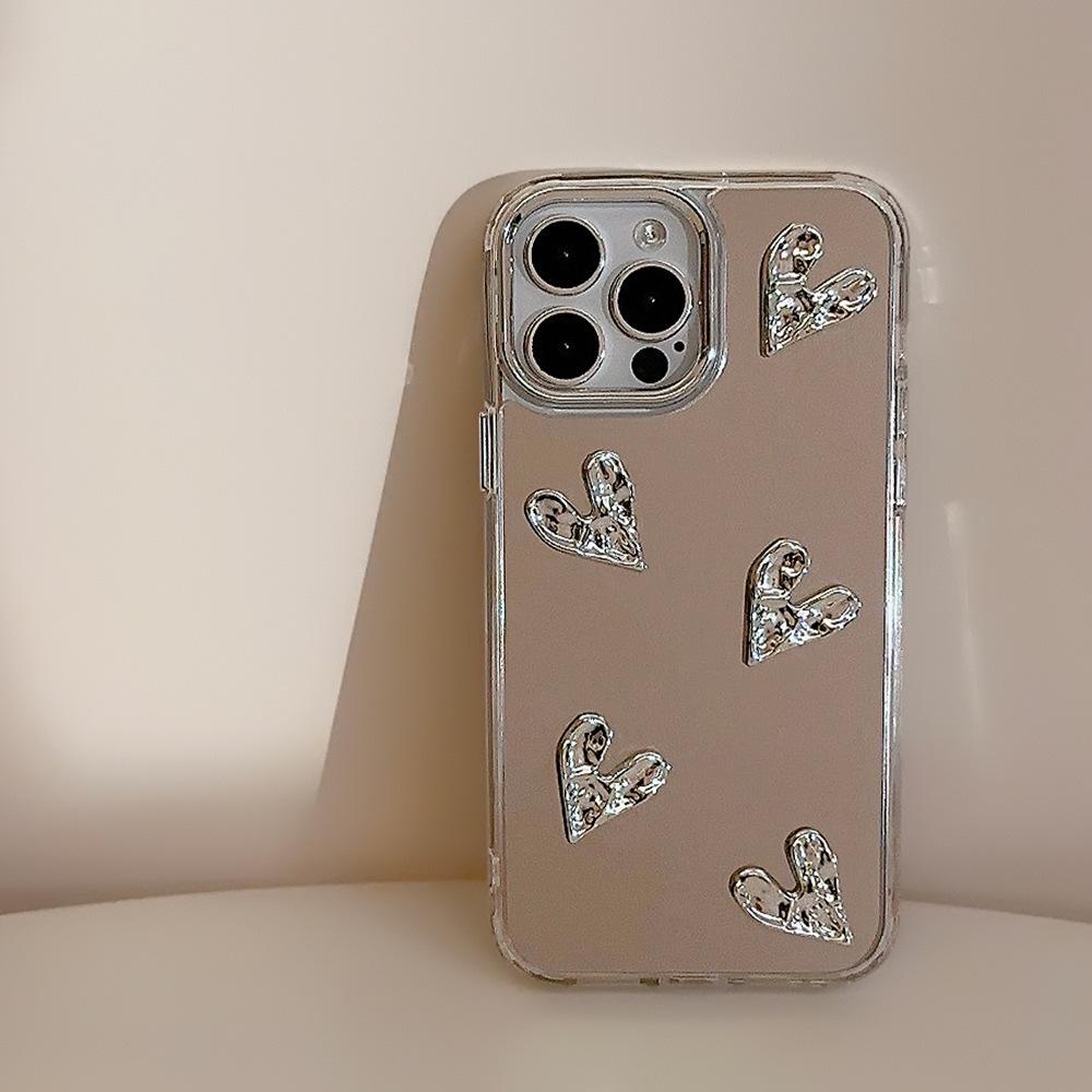 3D Electroplated Heart 13 Case for iPhone 17/15 Pro Max, Mirror Surface iPhone 16, High-end 14 Hard Case
