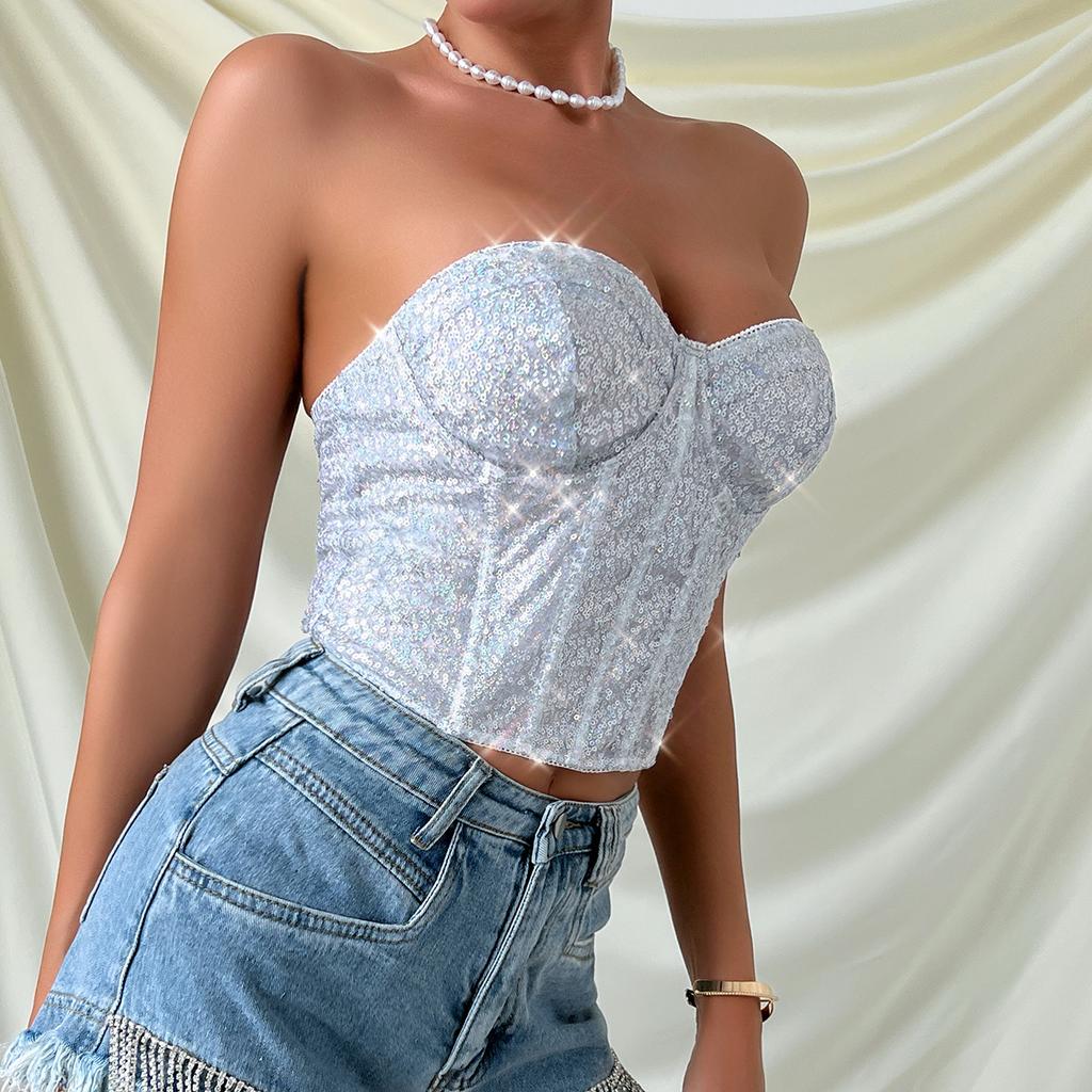 VEZFAA Women's Fashion Casual Sequins Print Tank Tops Sexy Slim T-shirts and Tops Camis & Tank Tops