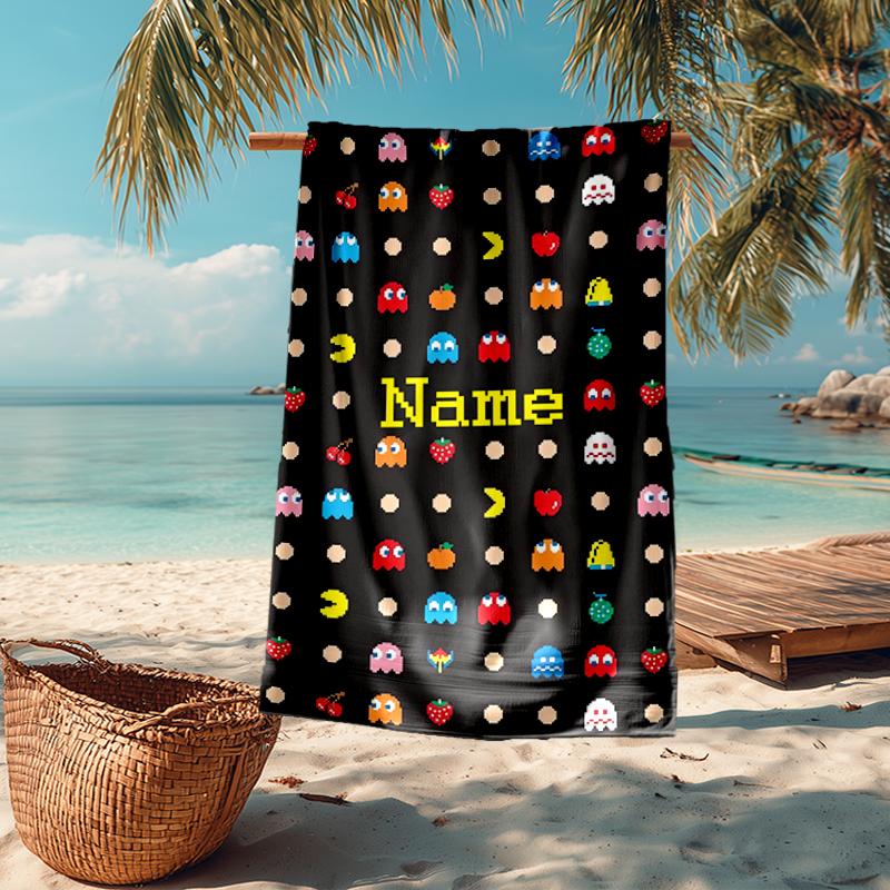 Custom Name Ultra-Soft Beach Towel with Pac-Man Theme,Ideal for Pool - Camping, Diving - Perfect Travel Essential, Vibrant Beach Towel.