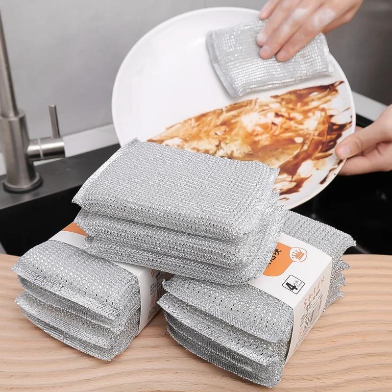 4/8/12/24PCS Double Sided Wire Dishwashing Sponge Thickened Silver Wire Cleaning Rags Pan Pot Dish Wash Scouring Cloth Kitchen Dish Cloth