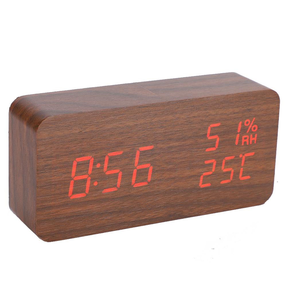 Wooden Alarm Clock LED Voice Control Desk Rectangular Brown Wood Red Light Digital Clock