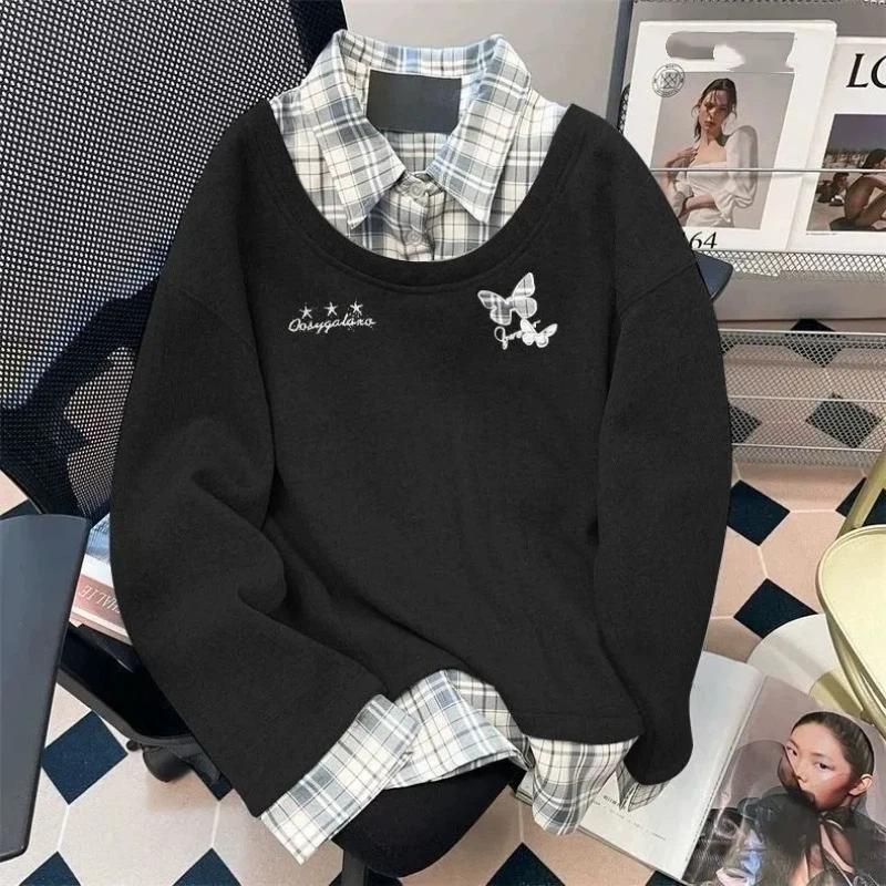 

Tops for Women Long Sleeve Shirts Winter Oversize Faux Two-Piece Thickened Casual Shirt Loose Blouse Pullover Tops XXXXXL чорний