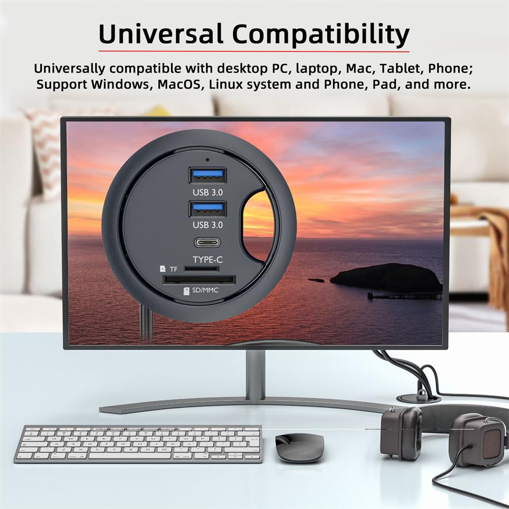 NFHK USB Hub with USB 60mm Desk Grommet Splitter Dock Station with Micro SD Card Reader for Desktop PC 3.0 SD, TF, USB-C, 2-Port