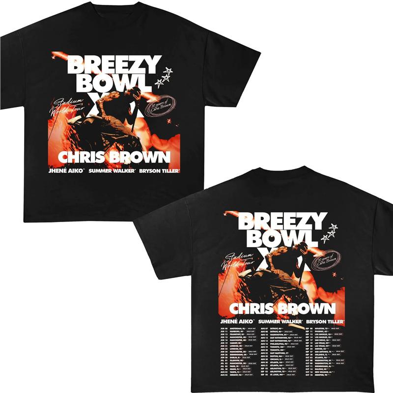 Hip Pop Chris Brown Breezy Bowl XX Concert Tour Cotton TShirt Vintage Short Sleeve Round Neck Print Casual Style for Women Men