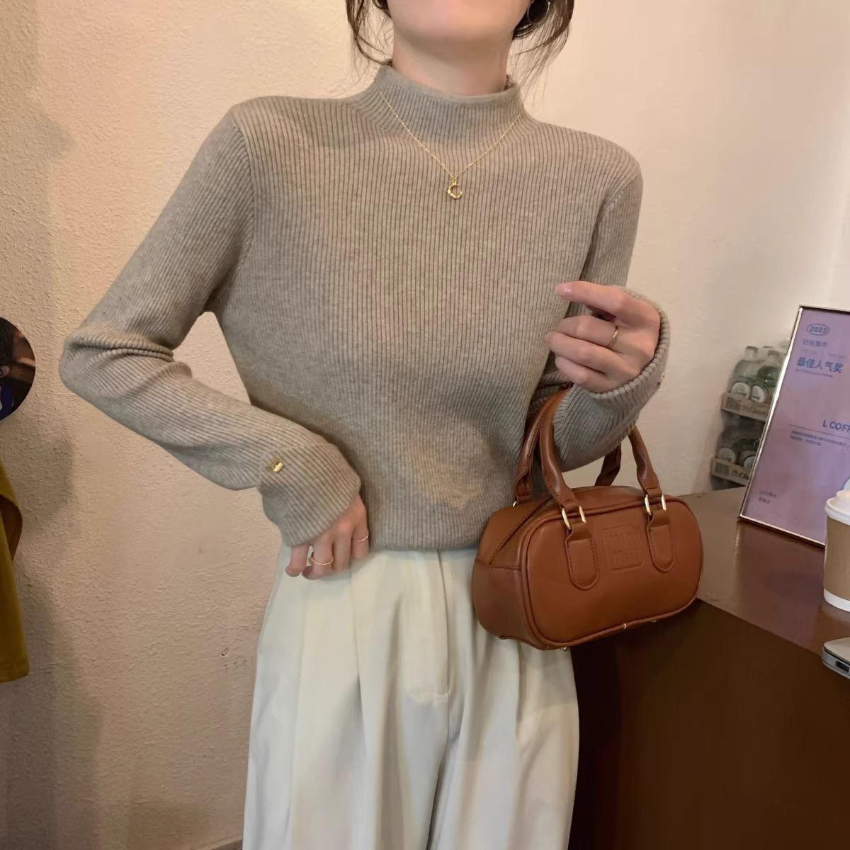 

Осенне-зимний базовый свитер кофейного цвета, женский трикотажный свитер с полувысоким воротом, облегающий топ XL