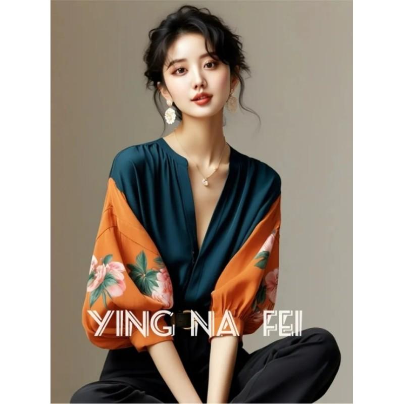 

Women s Loose Printed V-Neck Shirt French Vintage Autumn Beautiful Top Button-Up Shirt XS