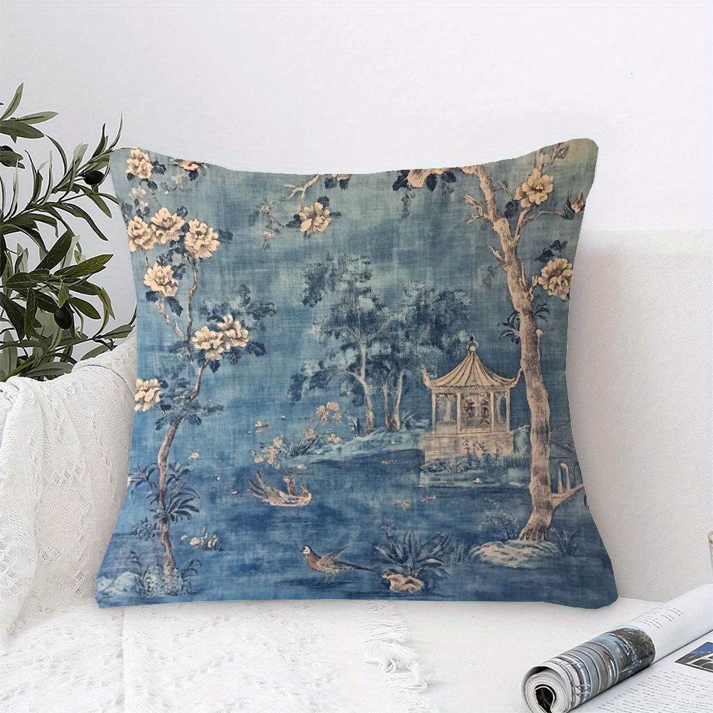 1Pc Of Short Plush Decorative Pillow Cover Featuring An Vintage French Chinoiserie Design In Blue, With Single-Sided Printing. I
