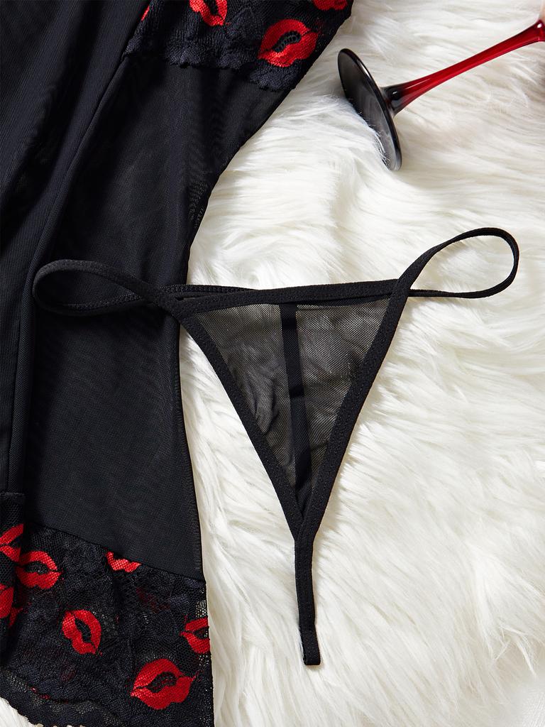 Transparent Lace Strappy Nightgown Red Lips Sleepdress And Pants Sets Sexy Adult Erotic Lingerie Cosplay Pajamas Womens Dresses