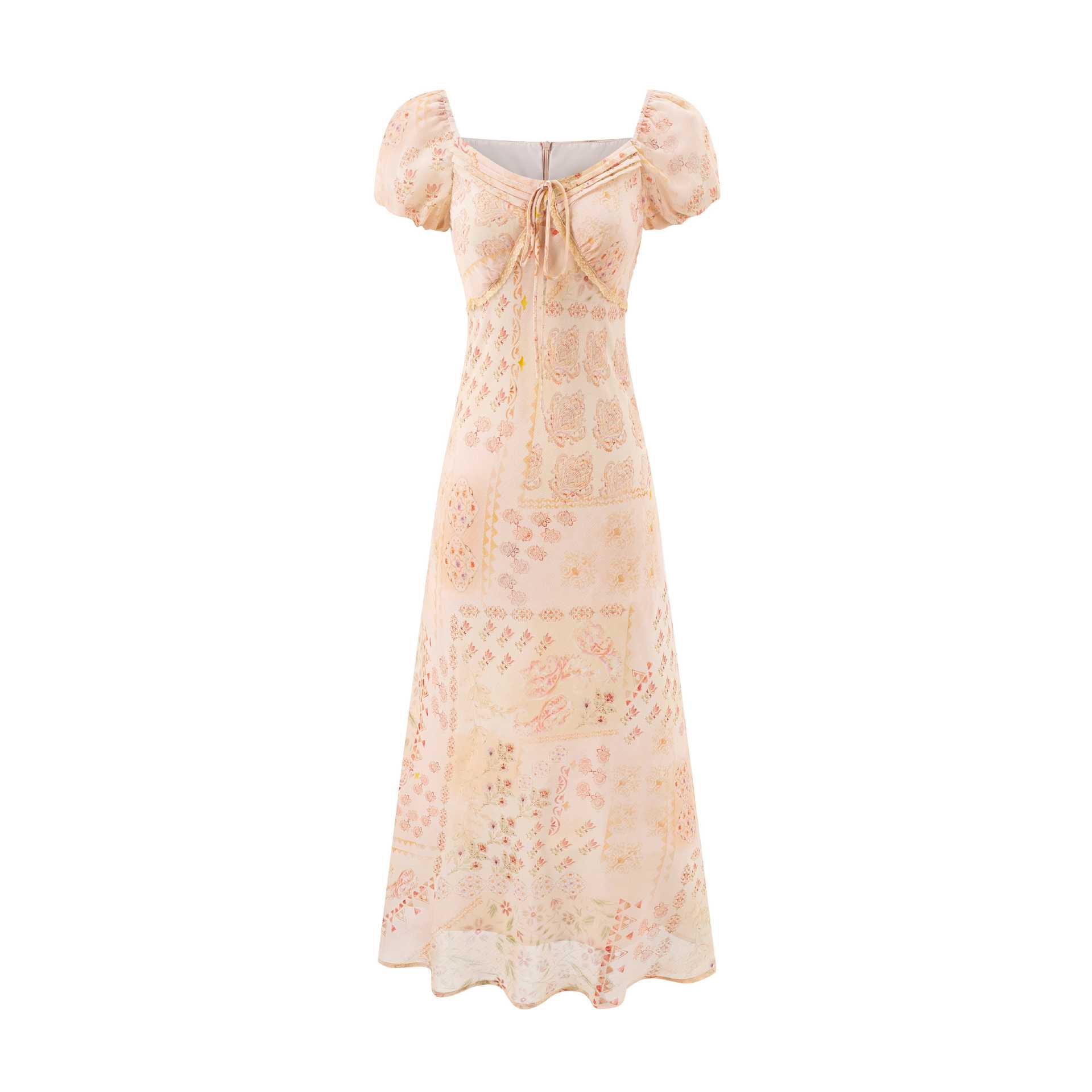 

2025 Chic Puff Sleeve Sweet Print Dress - French Square Neck, Slim Fit, Vacation Style Medium