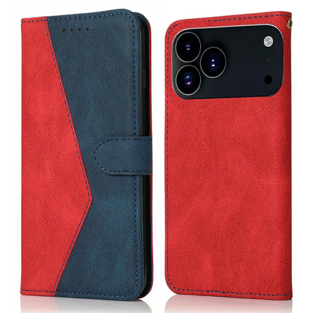 

For iPhone 17 Pro Case Color Splicing Wallet Stand Leather Phone Cover with Wrist Strap Red/Blue