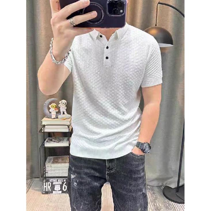 Pineapple Pattern High-Density Stretch Knit Summer Men's Solid Color Plaid Polo Short Sleeve T-Shirt