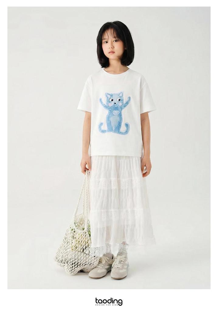 Girls' White Cartoon Cat Loose-Fit Round Neck T-Shirt