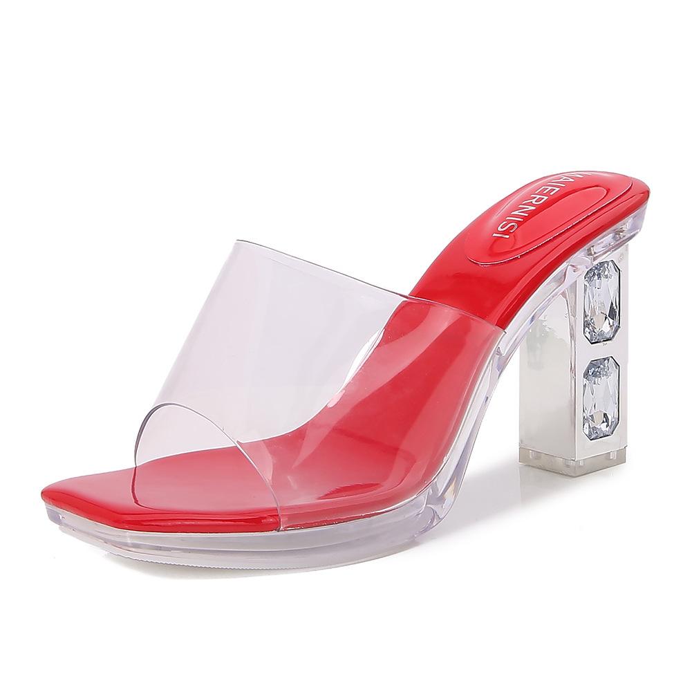 2025 Sommer Transparente PVC Plateau Damen Hausschuhe Sandalen Elegant Eckige Zehenpartie Kristall Dicke Hohe Absätze Pantoletten Seiten Schuhe