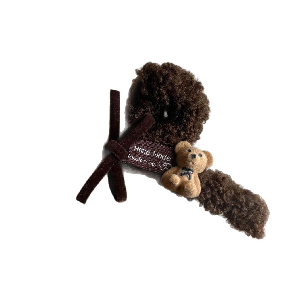 Coffee Color Bear Bowknot Plush Shark Hair Clip - Large, Versatile, Winter Design for Women