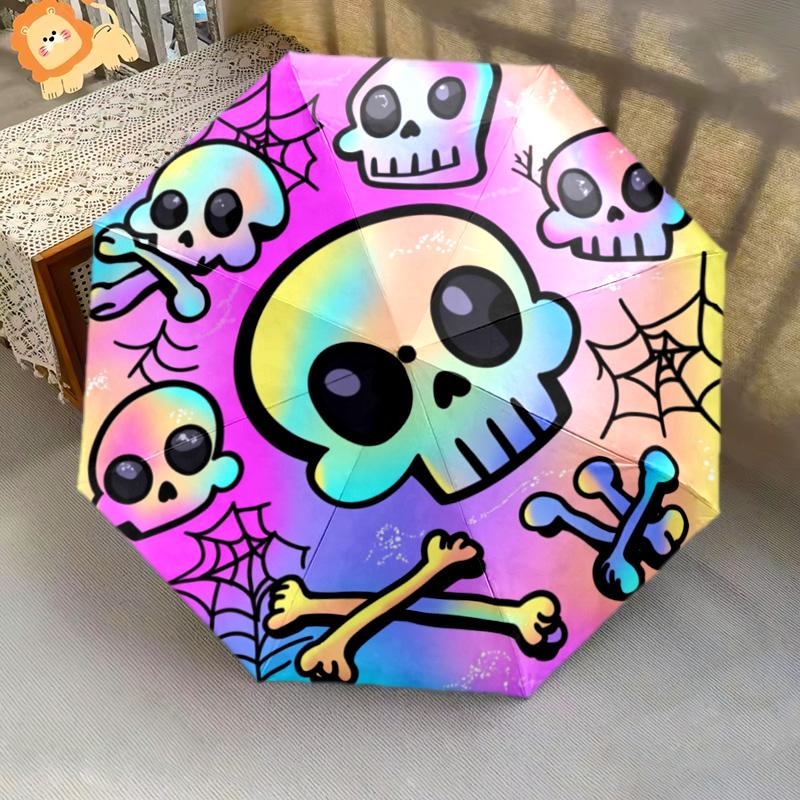 1 PC Automatic Folding Umbrella - Colorful Skulls Pattern, Portable & Foldable Design with 8 Ribs, Christmas Birthday Gifts