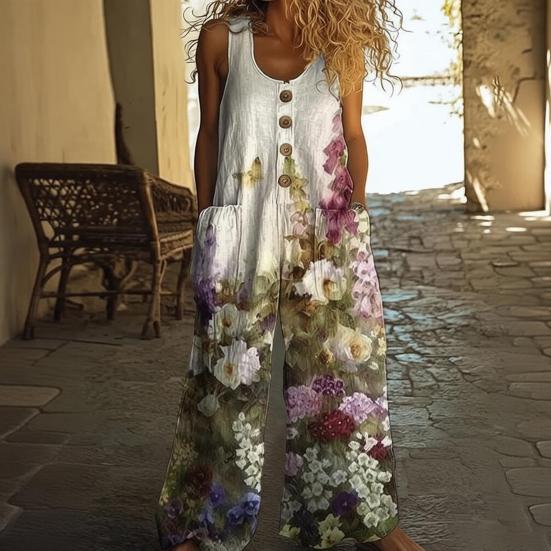 Women's Floral Printed Wide Leg Jumpsuit Sleeveless Button Front Romper Summer Casual Loose Overall with Pockets