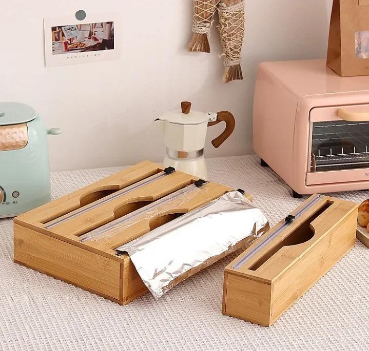 Bamboo Wrap Dispenser Storage Dispenser For Aluminum Foil Dispenser With Cutter Cling Film Holder Kitchen Accessories