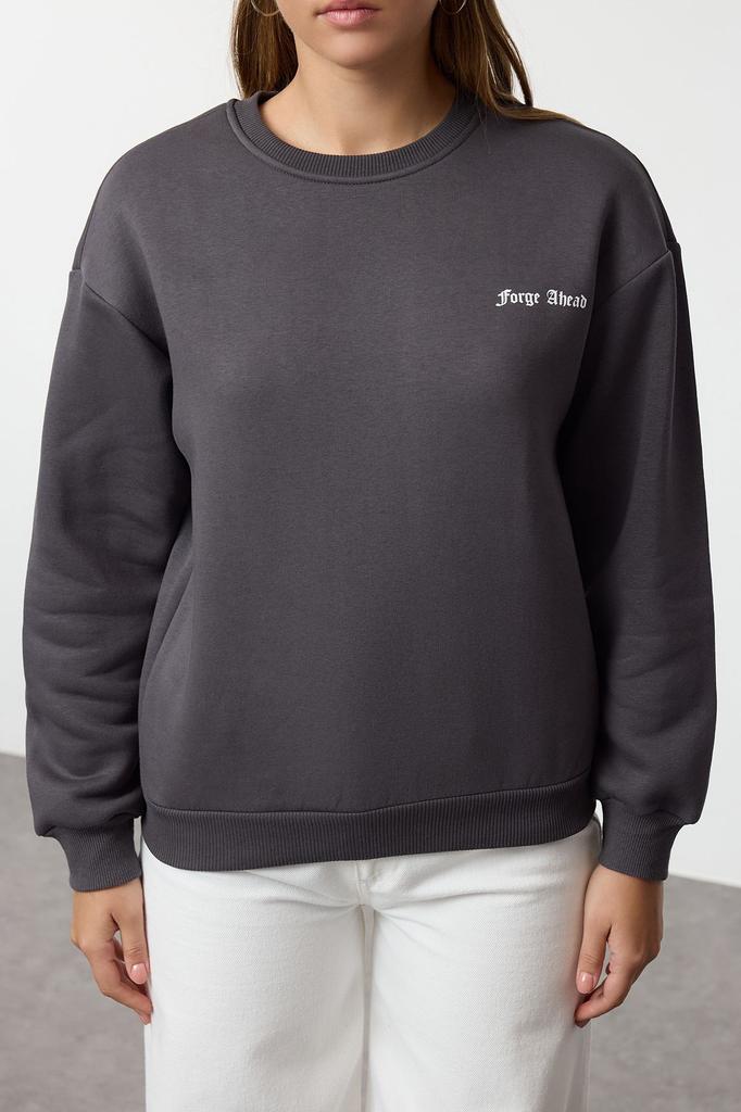 Women's Fashionable Stylish Sweatshirt Anthracite Regular Normal Fit Front and Back Printed Thick Polar Knitted Sweatshirt