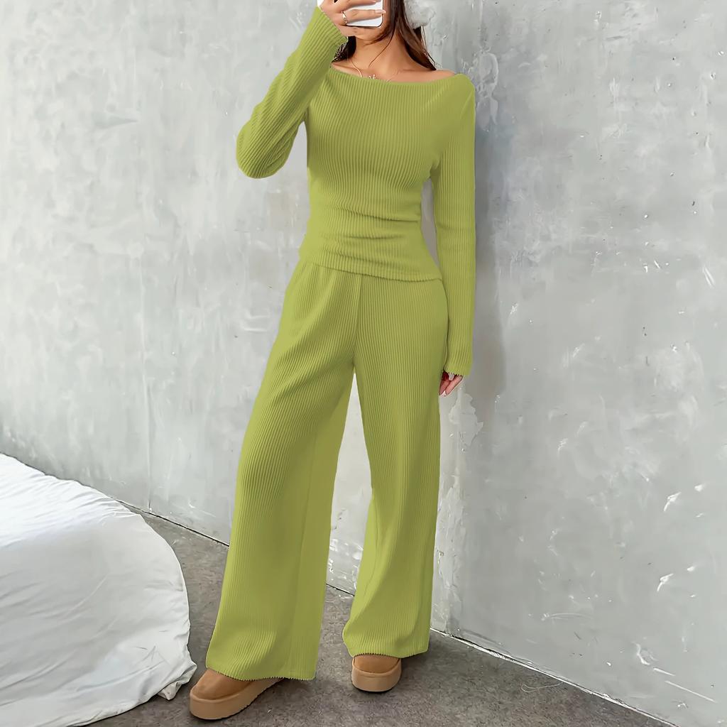 Women S French Style Slim Fit Long Sleeve Top And Wide Leg Pants Set
