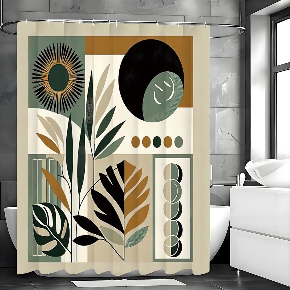 Modern Simple Leaf Sun Moon Phase Shower Curtain, Bathroom Decorative Shower Curtain, Waterproof Shower Curtain with Hooks
