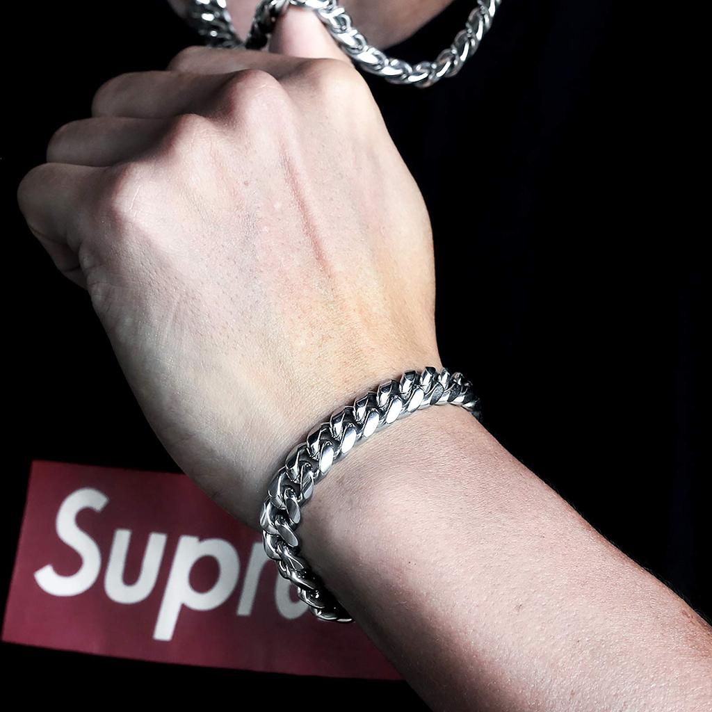 Kihei Bracelet Cuban Bracelet Width 10mm Stainless Steel Thick White Gold Plated Kihei Chain Bracelet 4 Side Cut Men Hip Hop Street B Series