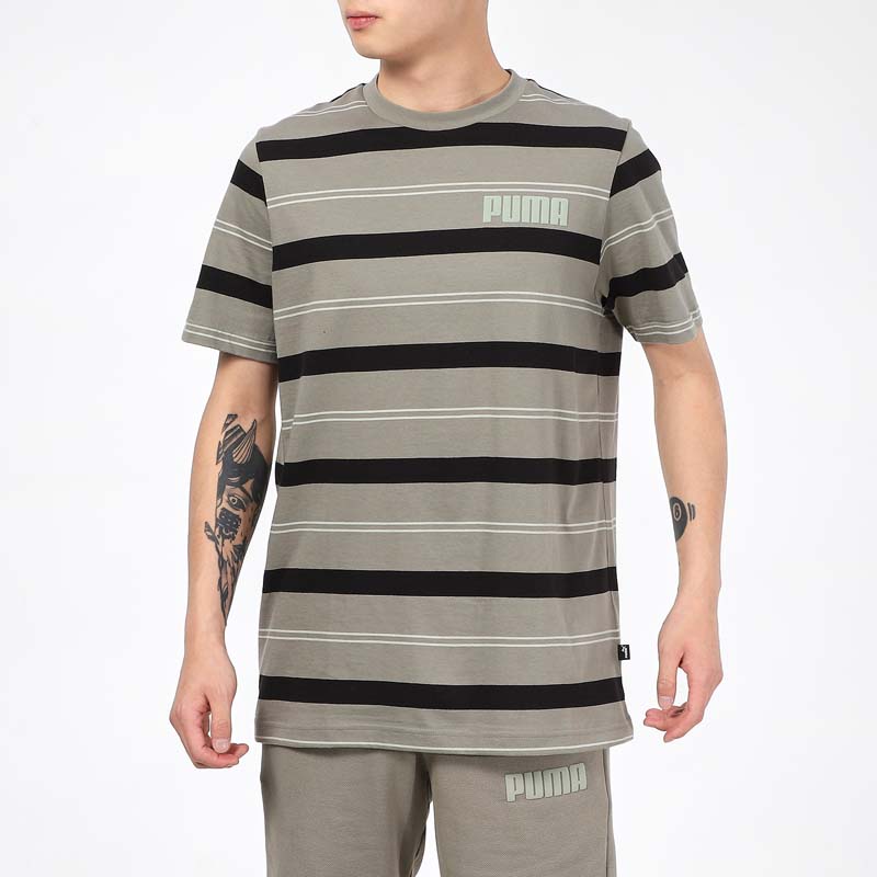 Puma Modern Striped Sports Crew Neck T-Shirt Men Tops Military-Green 845576-73