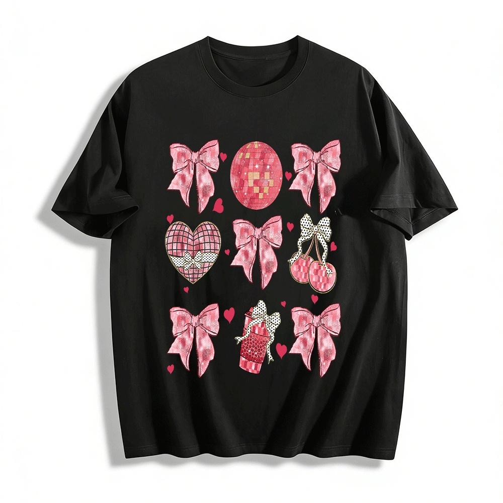 Y2K Coquette Bow Heart Disco Print Casual Top Pure cotton T-shirt XXS