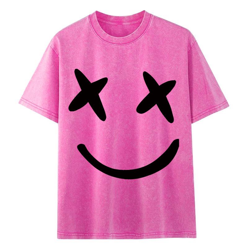 

Women s Retro Washed Distressed Smiley Face Cotton Short Sleeve T-Shirt - Summer Trendy High Street Hip Hop Fashion L рожевий червоний колір
