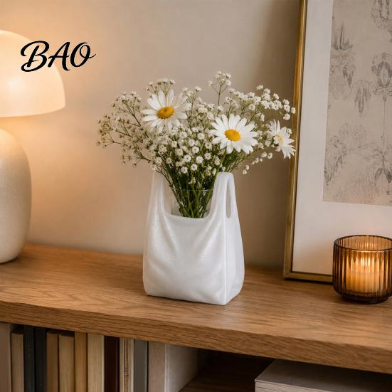 Artistic Ceramic Style Vase Handbag Shape Flower Vase, 3D Printed Desk White Modern Contemporary Living Room Decor Decorative Floral Container