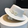 French British Retro Pearl Flat Top Straw Hat for Women, Elegant Wide Brim Summer Sun Cap, Beach Vacation UV Protection