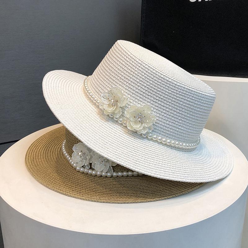 French British Retro Pearl Flat Top Straw Hat for Women, Elegant Wide Brim Summer Sun Cap, Beach Vacation UV Protection