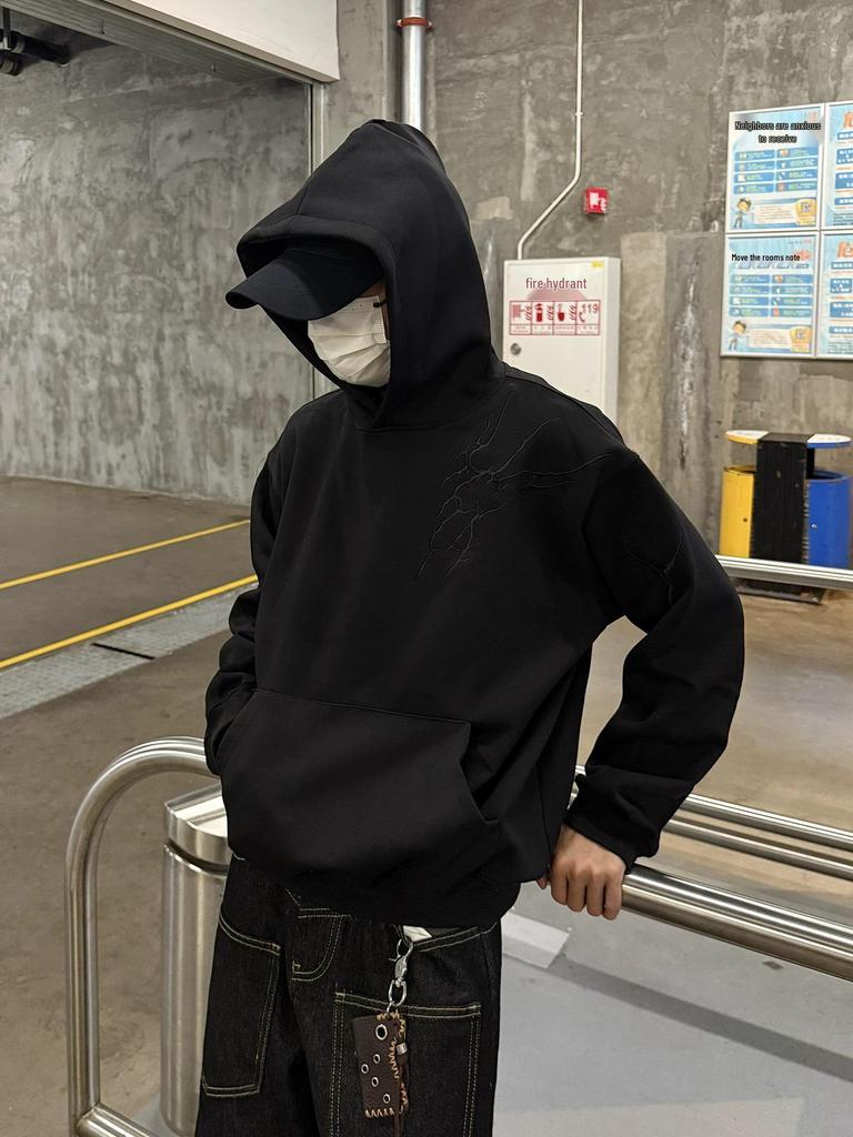 Unisex Retro Lightning Embroidery Hooded Sweatshirt - Loose Fit for Spring and Autumn