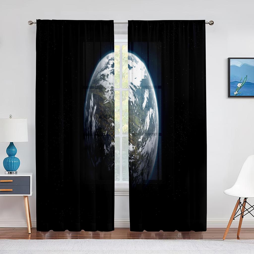 Galaxy Tulle Curtains Blue Red Planets Orbital Ring Stars Outer Space Sheer Voile Curtain for Living Room Bedroom Kitchen Decor