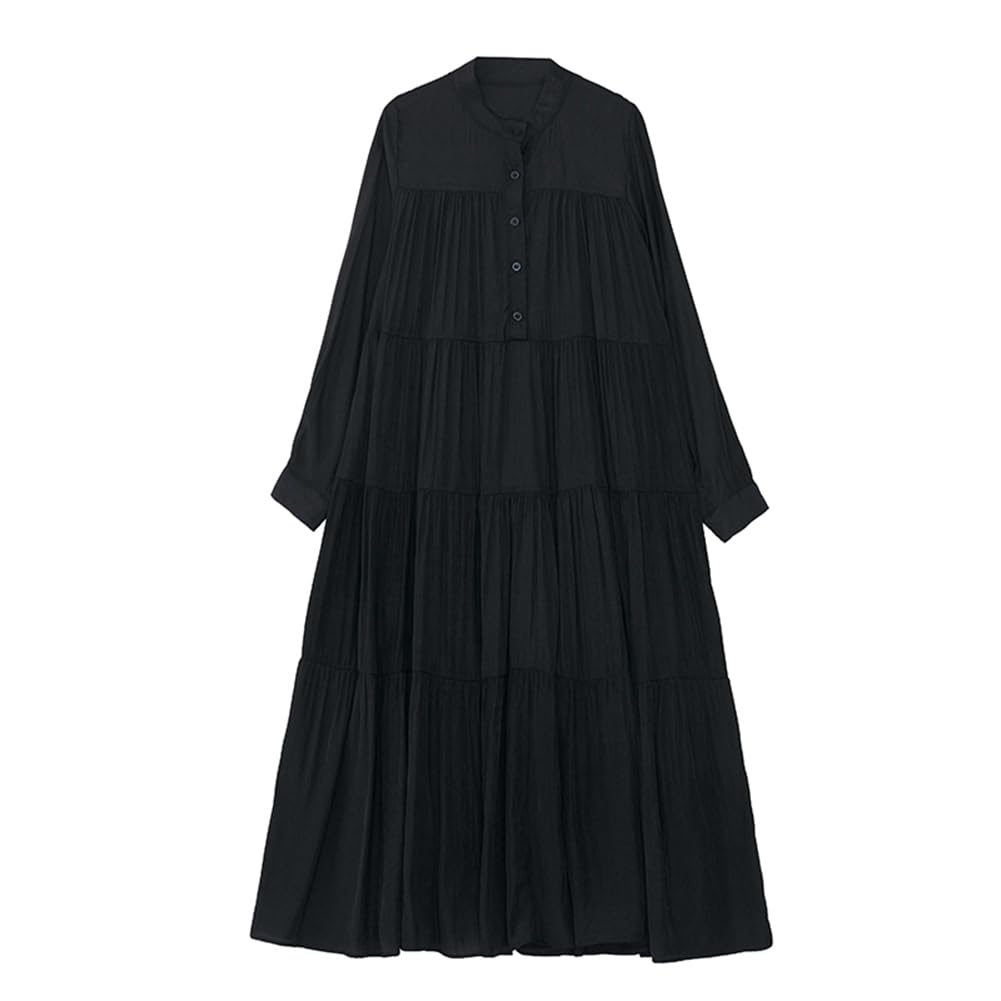JIYUTOR Maxi Loose Long Tunic Ankle Pleated Maxi Dress Size Women's Dress, Fit, Sleeves, Style, Length, Flattering, A-Line, Buttoned, Casual, (Black,