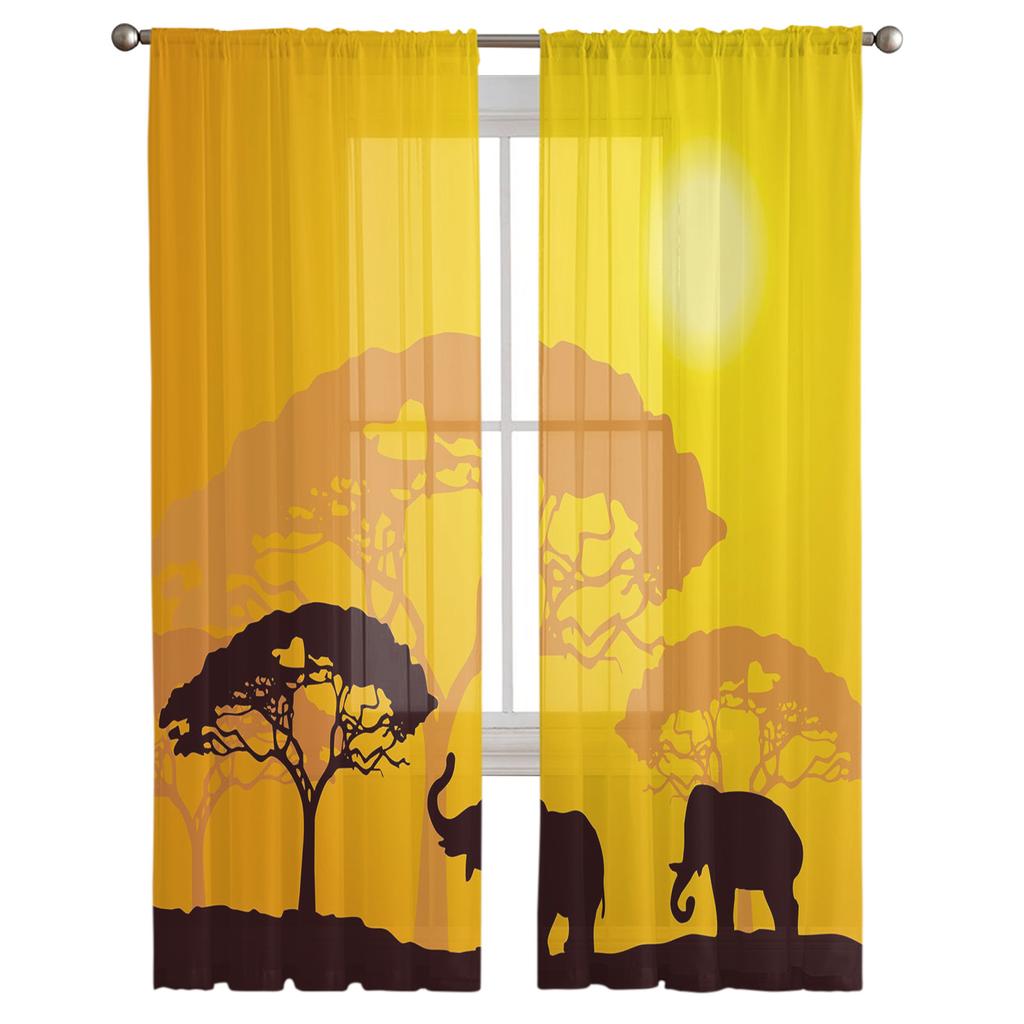 African Elephant Forest Tree Silhouettes Sheer Curtains for Living Room Tulle for Windows Voile Yarn Short Bedroom Curtains