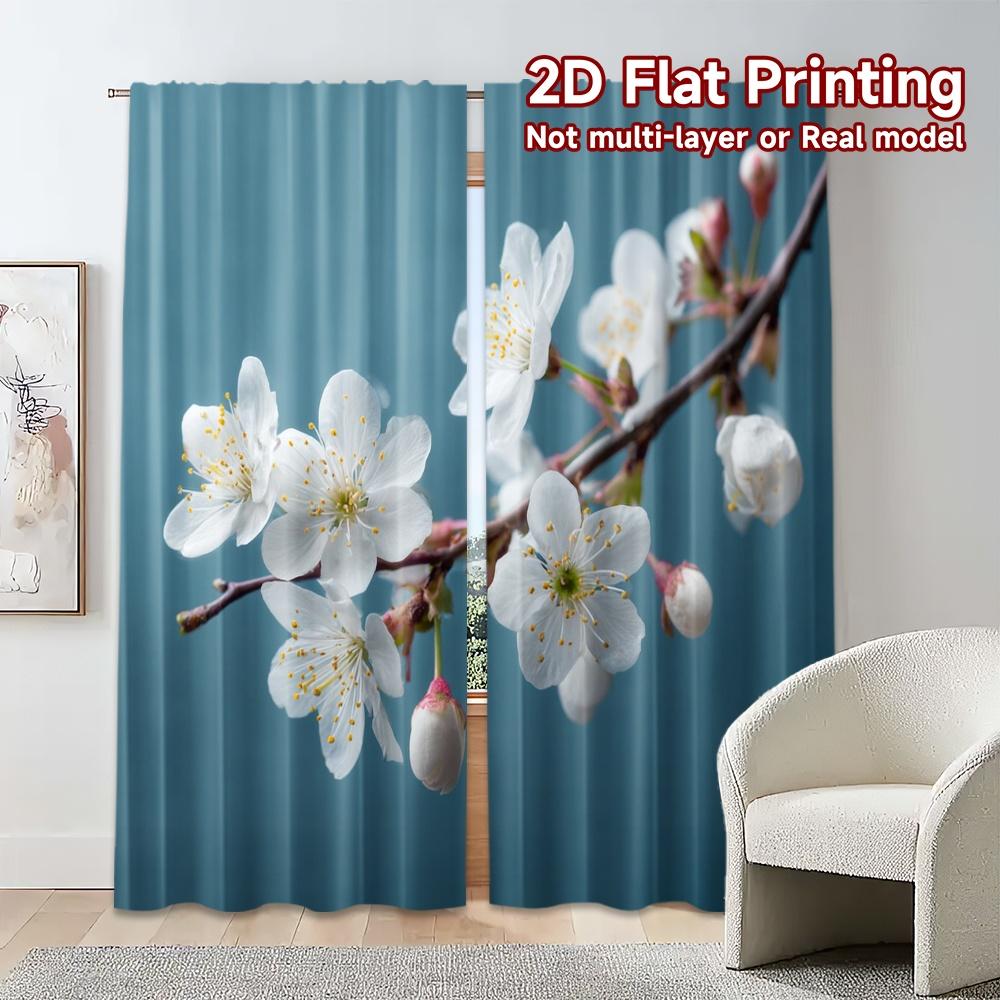 Set Of 2 Flat Printing Curtains Without Rod Spring Blossom Popular Polyester Easy Install Curtain Semi Sheer