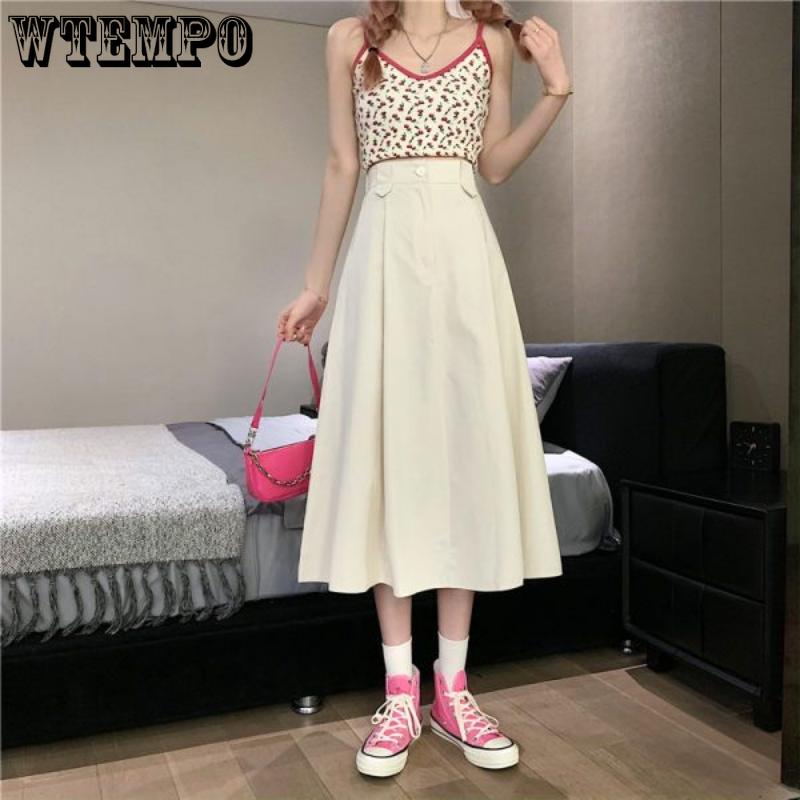 Female Simple Solid Mid-length Half-body Skirt Spring and Summer A Line High Waist Thin Design Sense Niche Elastic Waist Umbrella Skirt