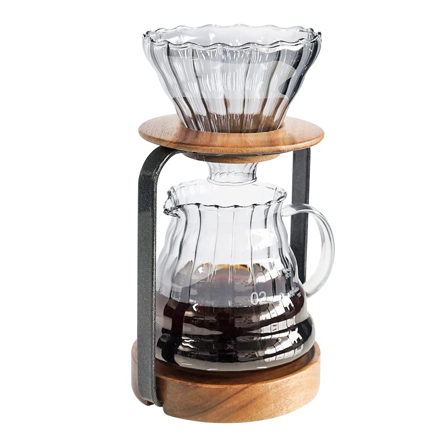 SOTECH Pour Over Dripper Stand with Coffee Filter, Wooden Filter Holder, Glass Server, and Paper Coffee Filters (Ripper Set)
