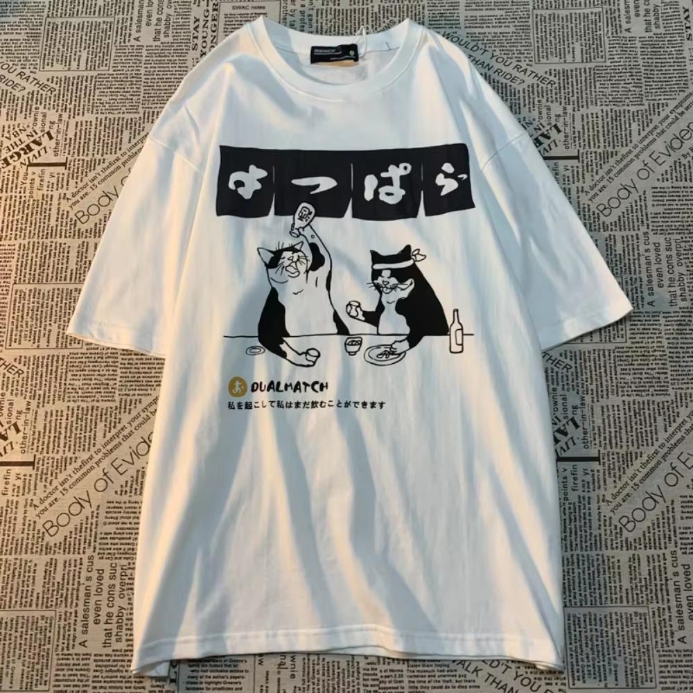 Original Japanese Retro Cat Print Pure Cotton Short Sleeved T-shirt For Men's Women's Trendy Street Loose Couple T-shirt