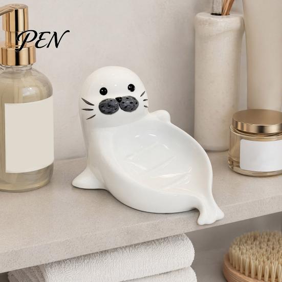 Cute Seal Soap Holder Ceramic Dish, with Self-Draining Design, Sponge Durable Organizer Tray, for Bathroom Countertop And Kitchen Sink Dish