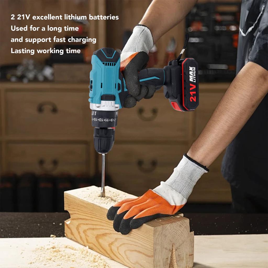 Electric Hand Drill Kit Cordless Brushed Portable Rechargeable with 2 21V Lithium Batteries Blue Electric Hand Drill Power Tool