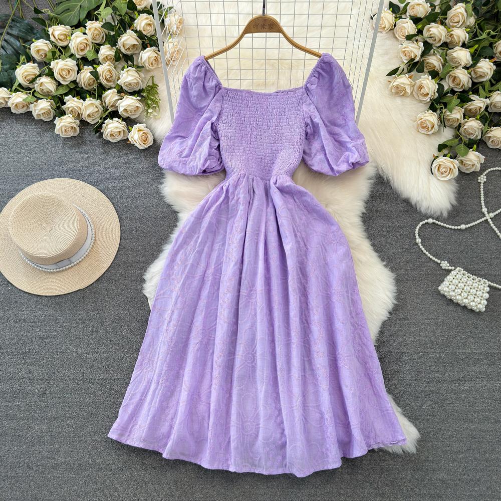 Fashion Dress for Women Square Collar Puff Sleeve A-line Floral Texture Vestido Womens Solid Color Folds Dresses Summer Dropship