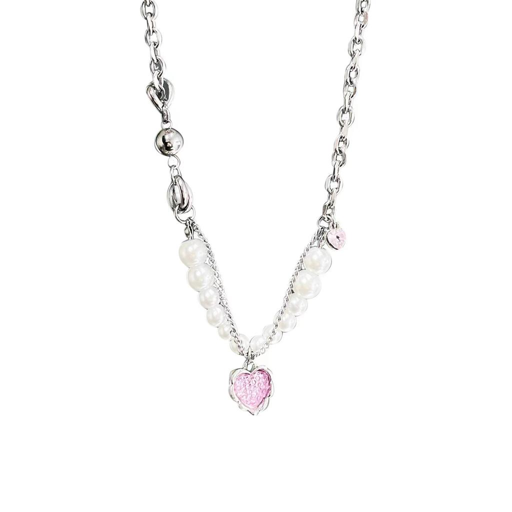 Pink Love Pendant Splicing Pearl Necklace Design Sweet Cool Ins Pendant Collarbone Chain Spice Girl Accessories Women