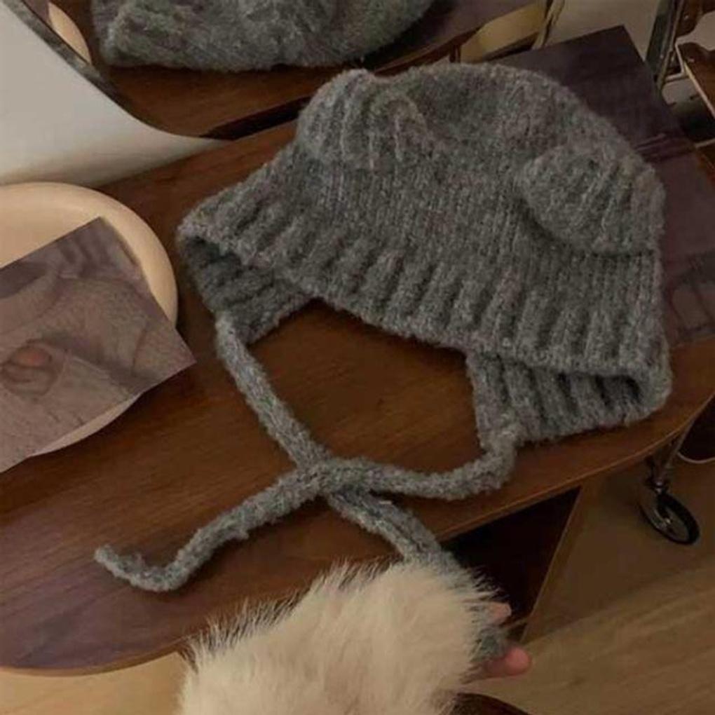 

Knit Hooded Bear Balaclava Hooded Hat Gray