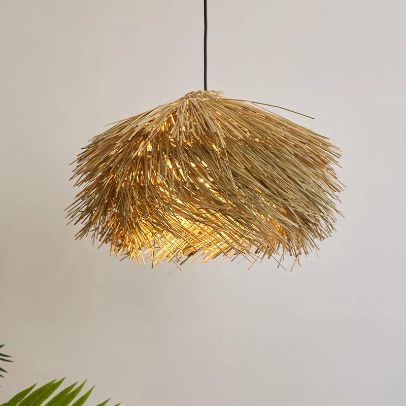 Hand Woven Rattan Hanging Lamp for Ceiling Shop Bar Grass Pendant Lights Living Room Chandelier Loft Room Decor Lustre LED