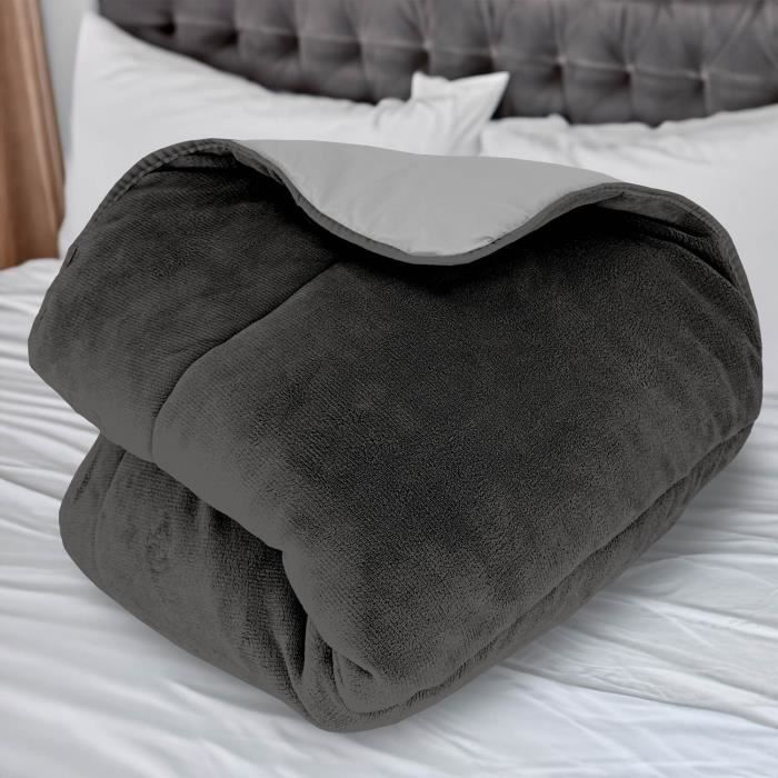 Microfiber Fleece Lined Duvet 240x260 Cm TWO-TONE Gray and Anthracite, by Soleil D'ocre