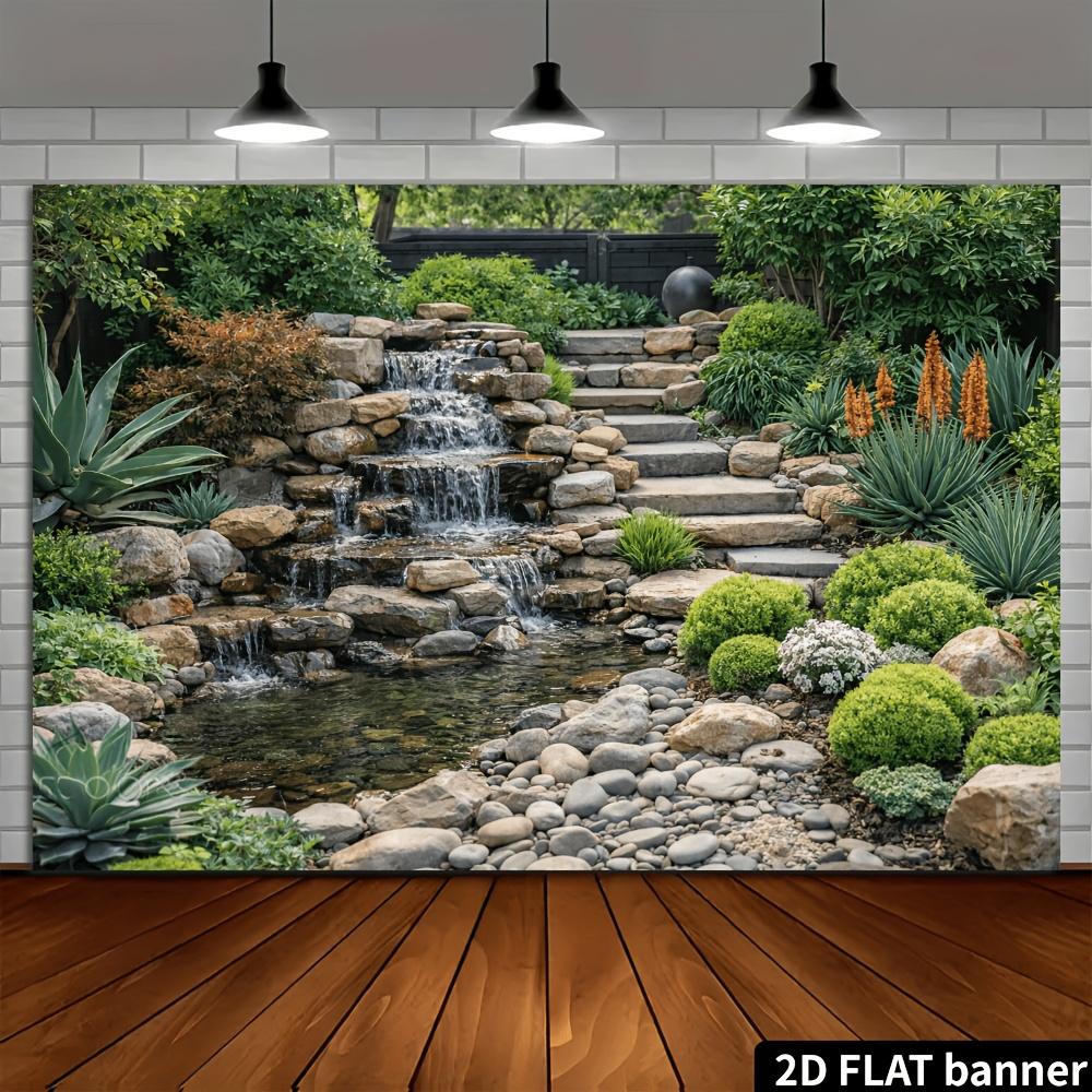 2D planar courtyard stone steps, cascading waterfalls and waterfall background fabric - landscape theme