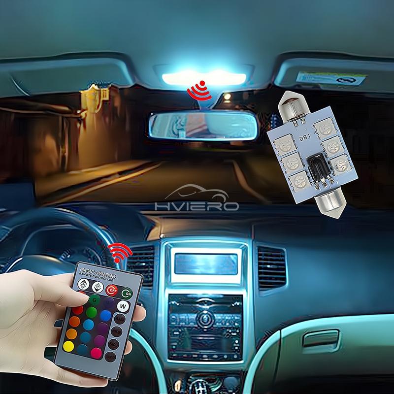 2Pcs RGB 6SMD Roof Dome interior Reading Lamp C5w Car Remote Controlled Atmosphere Led Welcome Lights Turn Signal Trunk Bulb 12V