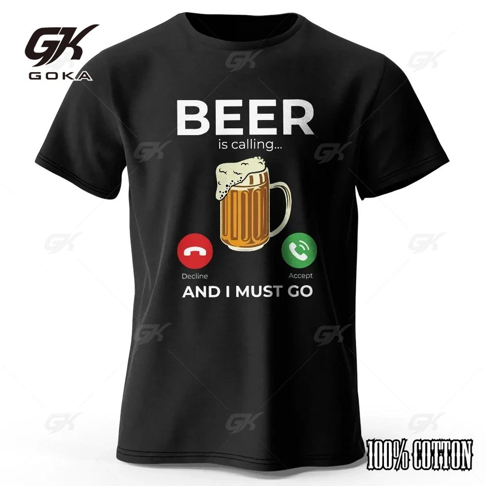 

Beer Is Calling I Must Go Printed Mens TShirt 100 Cotton Oversized Funny Graphic Tees for Men Summer Tops 4XL