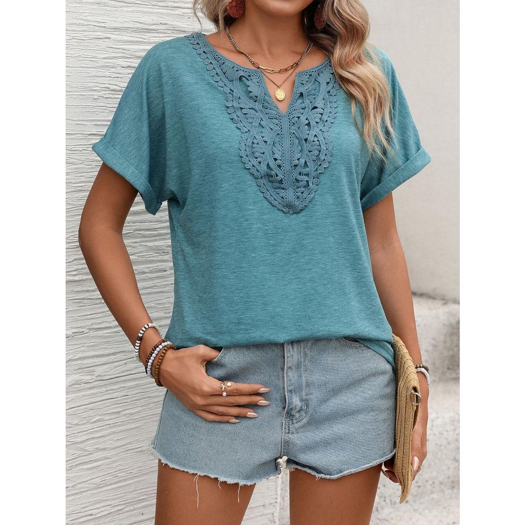 Spring Summer New Women's Solid Color V-Neck Lace Trim Loose Short Sleeve T-shirt Top For Cross-border Trade